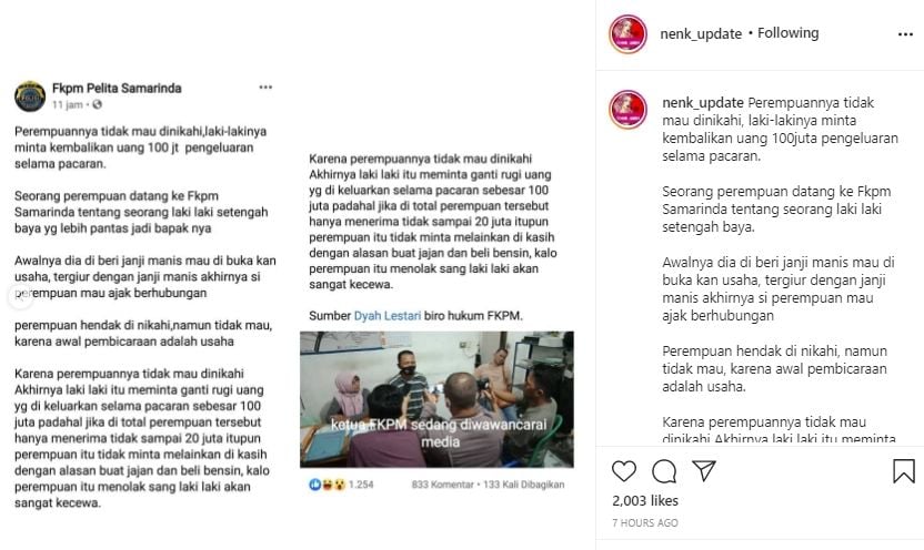 Pria Samarinda Tuntut Pacar Rp 100 Juta. (Instagram/nenk_update)