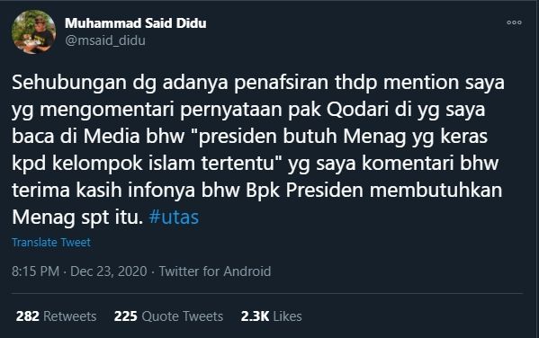 Said Didu Klarifikasi Soal Kicauan yang Dituding Provokasi Gus Yaqut (Twitter/msaid_didu).