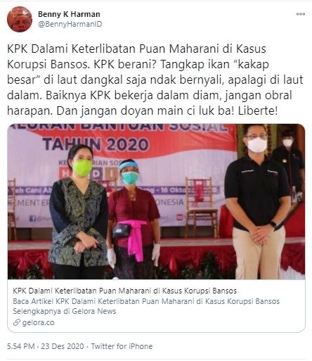 Benny K. Harman tantang KPK selidiki Puan Maharani (Twitter/bennyharmanid)