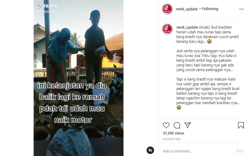 Video tukang kredit lakukan aksi nekat agar ibu mau beli daster. (Instagram/nenk_update)