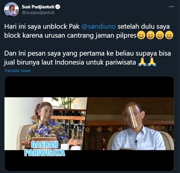 Susi Pudjiastuti Beri Pesan Tajam ke Sandiaga Uno (Twitter).