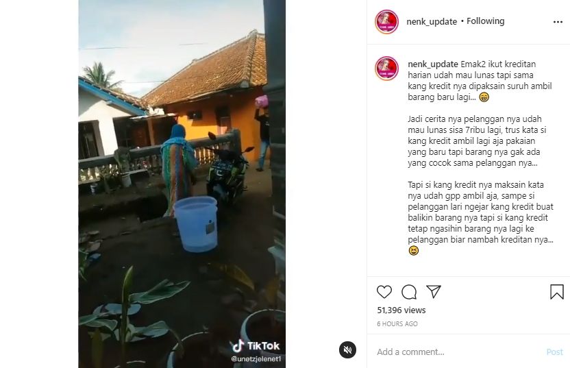 Video tukang kredit lakukan aksi nekat agar ibu mau beli daster. (Instagram/nenk_update)