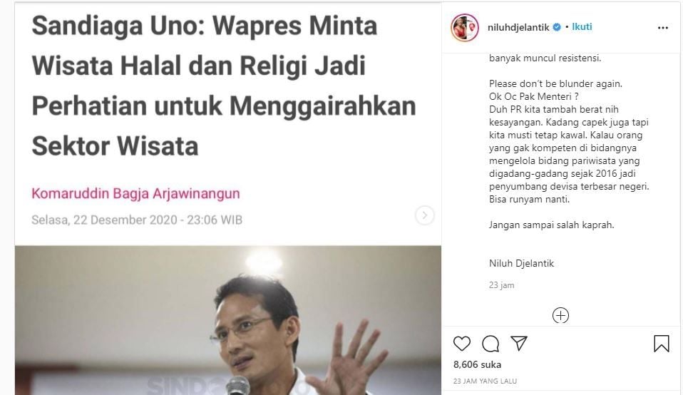 Sandiaga Uno soal wisata halal. (Instagram/@niluhdjelantik)