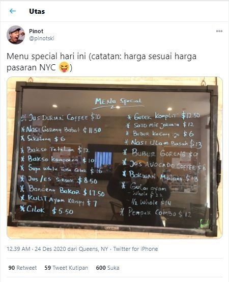 Harga makanan Indonesia di New York (Twitter @pinotski)