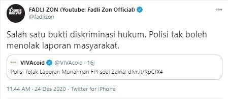 Fadli Zon geram polisi tolak laporan Munarman FPI (Twitter/fadlizon)