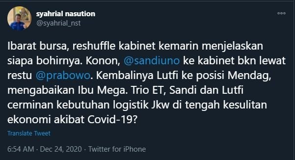 Syahrial Nasution Komentari Reshuffle (Twitter/Syahrial_nst).