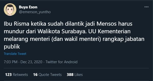 Utas Emerson Yuntho Soal Rangkap Jabatan Risma (Twitter).