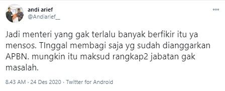 Andi Arief menyindir Risma yang punya rangkap jabatan (Twitter/andiarief_)