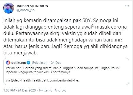 Jansen PD minta pemerintah tak anggap enteng varian baru Covid-19 (Twitter/jansen_jsp)