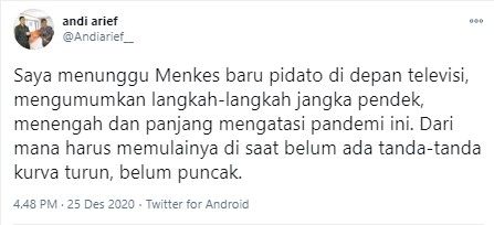 Andi Arief tunggu Menkes umumkan langkah penanganan Covid-19 (Twitter/andiarief)