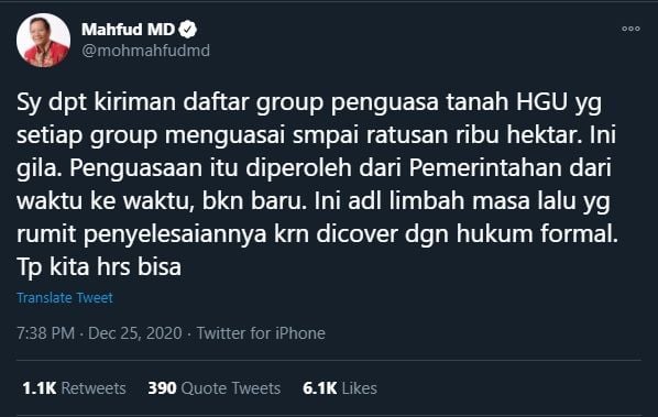 Cuitan Mahfud MD soal Penguasaan Tanah HGU (Twitter).