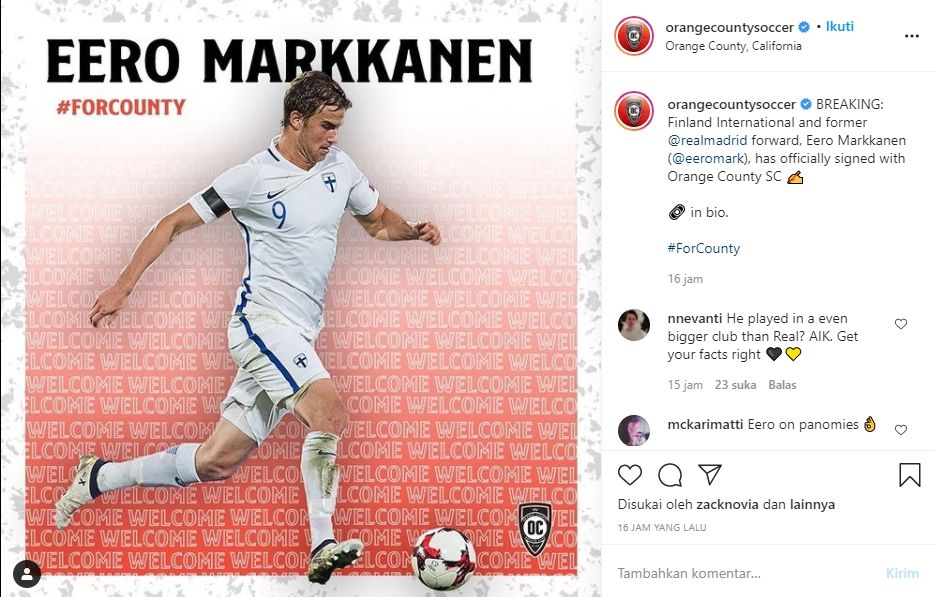 Eero Markkanen gabung ke klub sepak bola divisi dua Amerika Serikat. (Instagram/orangecountysoccer)