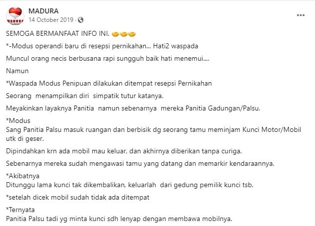 Fakta modus pencurian panitia resepsi pernikahan (ist)