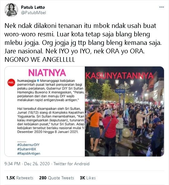 Masyarakat Jogja geregetan dengan kerumunan wisatawan di Malioboro - (Twitter/@PatubMbel)