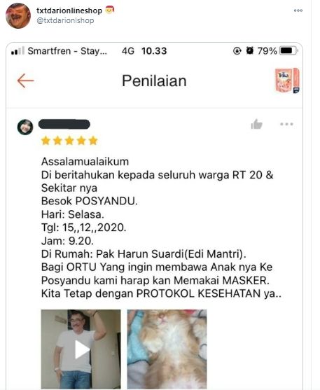 Pembeli tulis pengumunan RT di kolom penilaian olshop. (Twitter/txtdarionlshop)