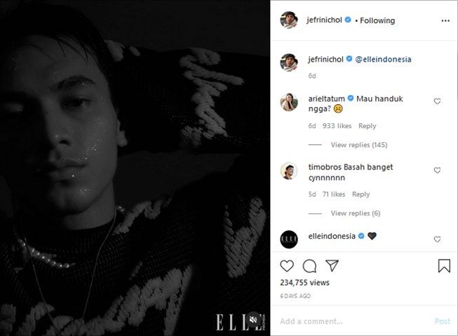 Komentar Ariel Tatum di video pemotretan Jefri Nichol disorot warganet. (Instagram/@jefrinichol)