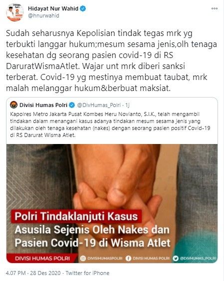 HNW minta pasien dan nakes gay di RSD Wisma Atlet diberi sanksi terberat (Twitter/hnurwahid)