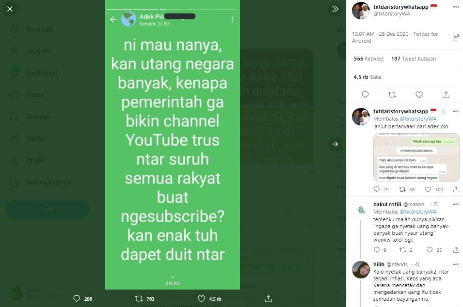 Warganet usul keuntungan kanal Youtube pemerintah buat bayar utang RI (Twitter/txtdrstorywa)