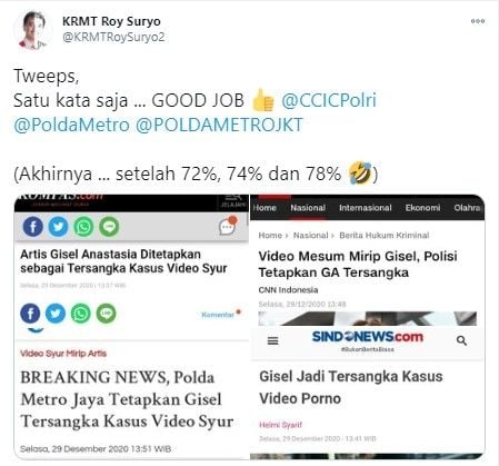 Roy Suryo apresiasi polisi tetapkan Gisel jadi tersangka (Twitter/krmtroysuryo2)