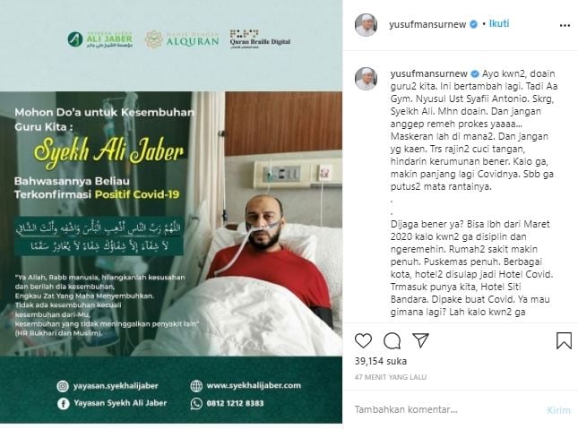 Ustaz Yusuf Mansur Mengabarkan Syekh Ali Jaber Positif Covid-19 (Instagram).