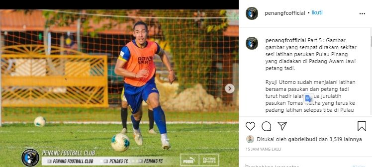 Ryuji Utomo latihan perdana bersama Penang FC. (Instagram/@penangfcofficial).