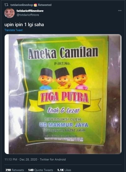 Jual Camilan Pakai Gambar Upin Ipin, Sosok Misterius Ini Malah Bikin Salfok. (Twitter/@txtdarioffstore)