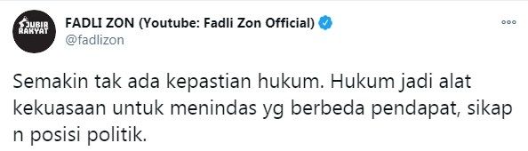 Cuitan Fadli Zon soal SP3 kasus chat mesum Habib Rizieq. [Twitter@fadlizon]