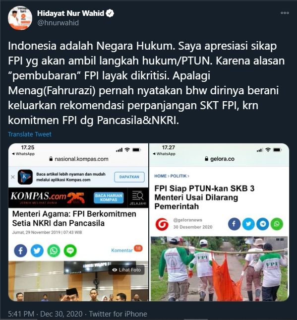 Hidayat Nur Wahid Soal Pembubaran FPI (Twitter).