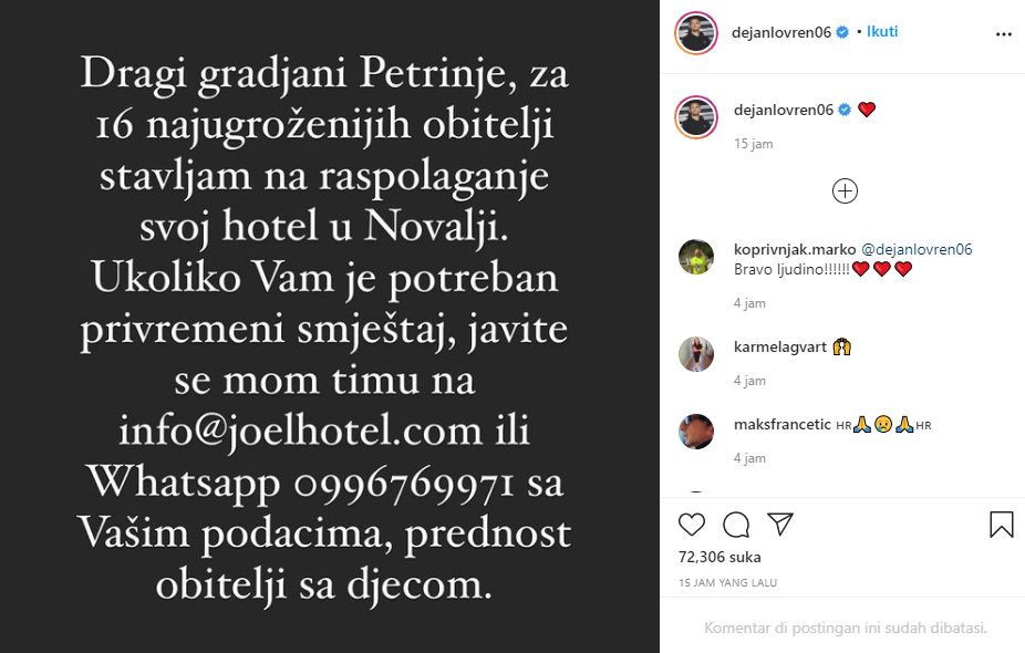 Dejan Lovren menawarkan hotelnya jadi tempat pengungsian krban gempa.(Instagram/dejanlovren06)