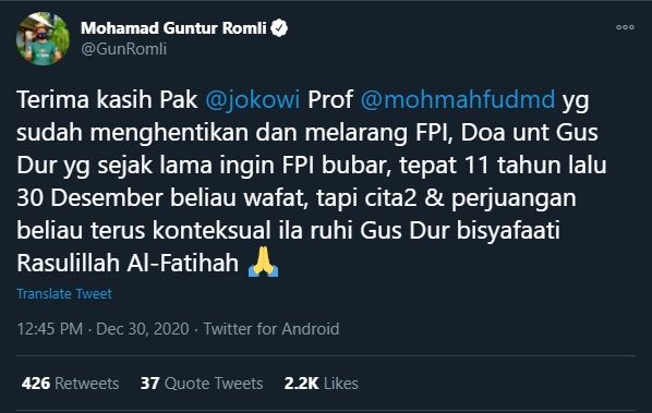 Cuitan Gun Romli Menyinggung Gus Dur dan Pembubaran FPI (Twitter).