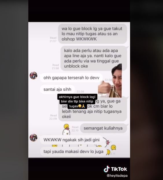 Blokir Kontak WA Pacar, Wanita Ini Dijadikan Tempat Penitipan Tugas (tiktok.com/@heyitsdepa)