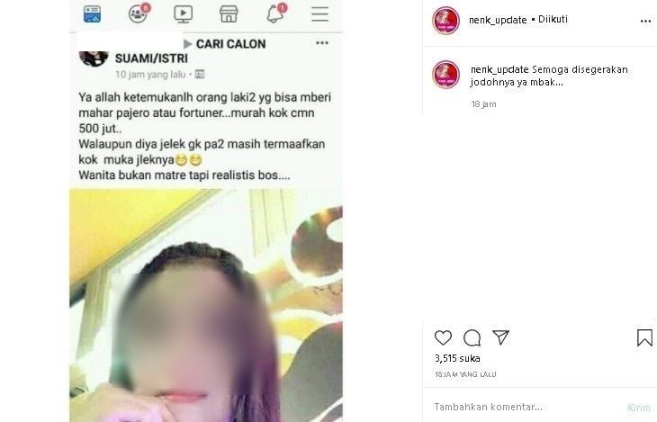 Wanita cari calon suami yang bisa beri mahar mobil Rp 500 jutaan. (Instagram)