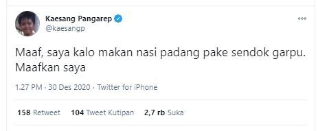 Kaesang minta maaf karena makan nasi Padang pakai sendok dan garpu (Twitter @kaesangp)