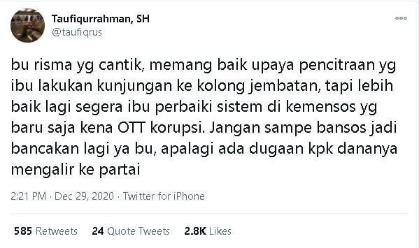 Cuitan politikus Demokrat Taufiqurrahman untuk Mensos Risma - (Twitter/@taufiqrus)