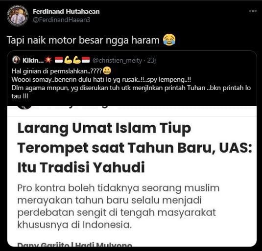 Respon Ferdinand Hutahaean. (Twitter/@FerdinandHaean3)