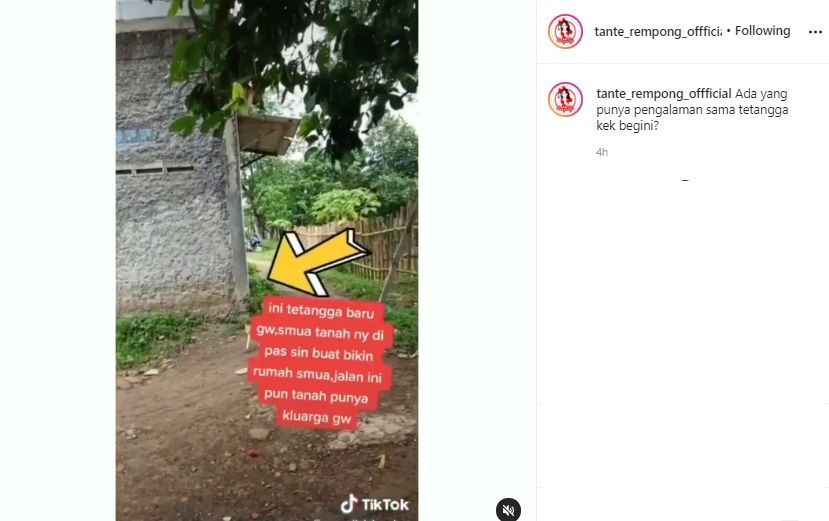 Video curhat kesal wanita rumahnya dipepet tetangga baru. (Instagram/tante_rempong_official)