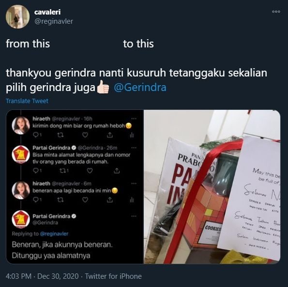 Curhat Warganet Dapat Bingkisan dari Partai Gerindra (Twitter).