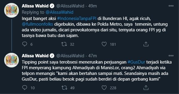 Cuitan Putri Gus Dur Alissa Wahid Mengungkit Kekerasan FPI (Twitter).