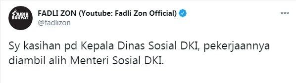 Cuitan Fadli Zon soal aksi blusukan Mensos Tri Rismaharini. [Twitter@fadlizon]