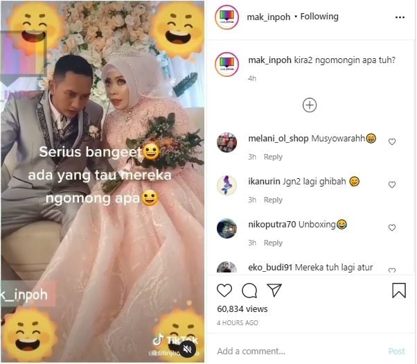 Video pengantin baru ngobrol serius di pelaminan. (Instagram/mak_inpoh)