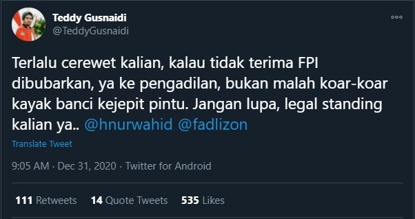 Politisi PKPI Semprot Fadli Zon dan Hidayat Nur Wahid soal Protes Pembubaran FPI (Twitter).