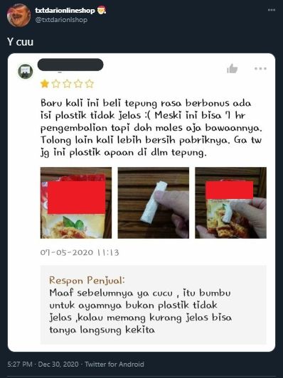 Pembeli Protes Temukan Plastik di Tepung, Penjual Beri Jawaban Mengejutkan. (Twitter/@txtdarionlnshop)