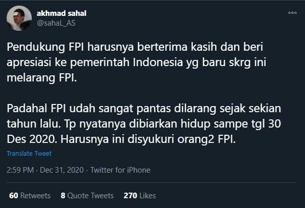 Gus Sahal Menyebut FPI Harusnya Bersyukur Baru Dibubarkan Sekarang (Twitter).