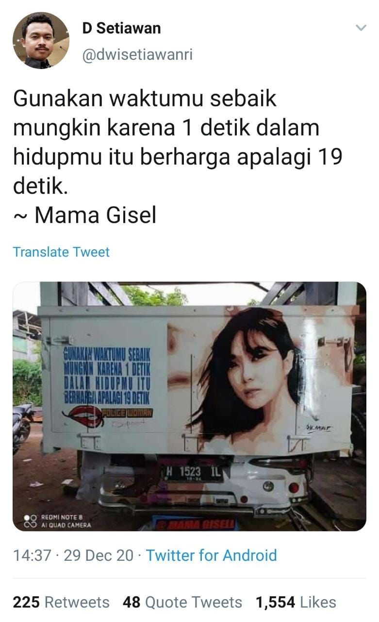 Tulisan bijak di truk terkait kasus Gisel (Twitter/dwisetiawanri)