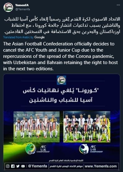 Informasi terkait batalnya dua kejuaraan itu disampaikan akun Twitter Federasi Sepakbola Yaman (Yemen FA). [Dok. Twitter @Yemenfa]