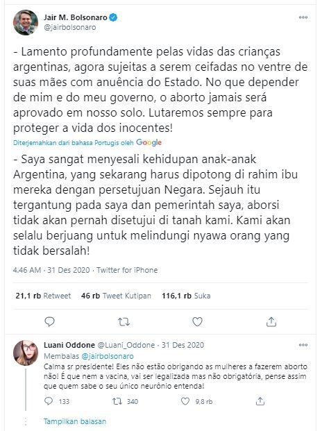 Cuitan Jair Bolsonaro. (Twitter/@jairbolsonaro)