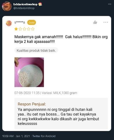 Pembeli ngegas beli masker di olshop. (Twitter/@txtdarionlshop)