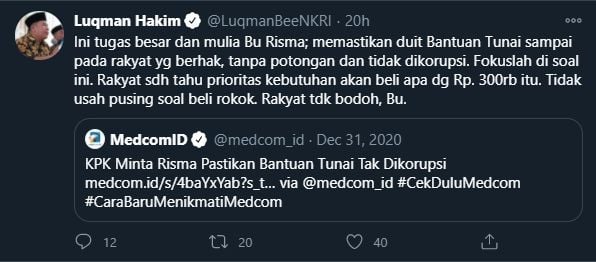 Cuitan Luqman Hakim Soal BLT Covid-19 dan Mensos Risma (Twitter/LuqmanBeeNKRI).