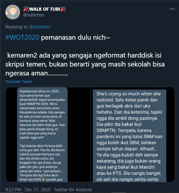 Viral Kisah Anak SMA Gagalkan Sahabat Masuk PTN Favorit, Tak Ada Penyesalan (Twitter).
