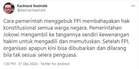 Rachland Nashidik komentari keputusan pemerintahan Jokowi bubarkan FPI (Twitter/rachlannashidik)